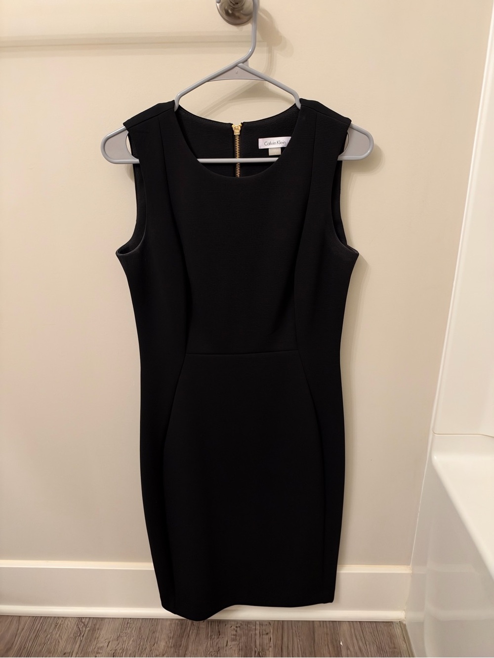 Calvin Klein Black Sleeveless Sheath Dress with Gold Back Zip